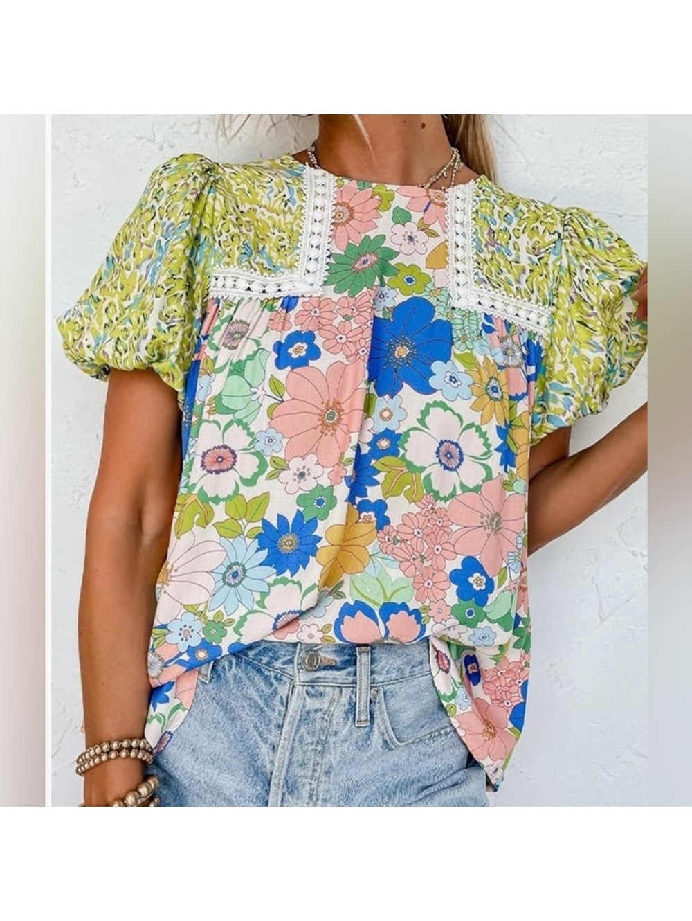 Floral Retro Dopamine Fairycore Bubble Sleeve Lace Coquette Blouse medium